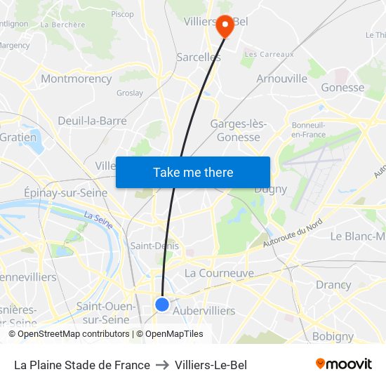 La Plaine Stade de France to Villiers-Le-Bel map