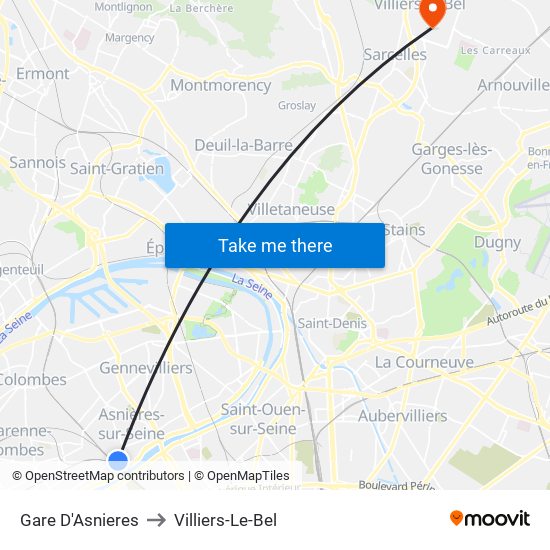 Gare D'Asnieres to Villiers-Le-Bel map