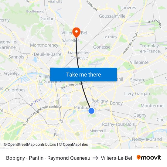 Bobigny - Pantin - Raymond Queneau to Villiers-Le-Bel map