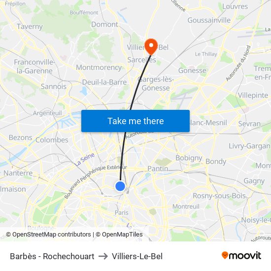Barbès - Rochechouart to Villiers-Le-Bel map