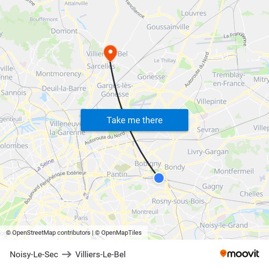 Noisy-Le-Sec to Villiers-Le-Bel map