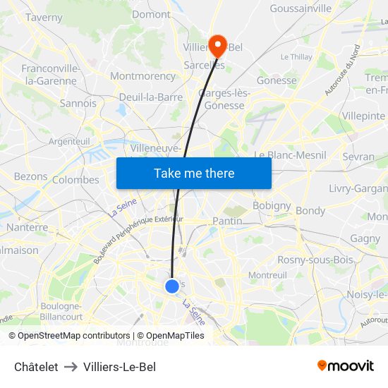 Châtelet to Villiers-Le-Bel map