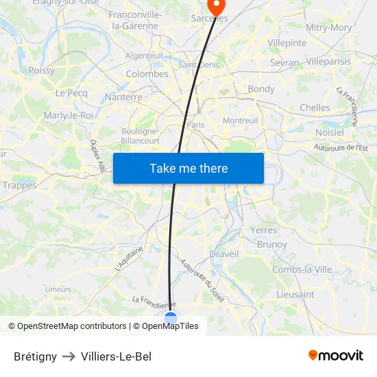 Brétigny to Villiers-Le-Bel map