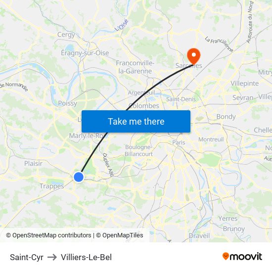 Saint-Cyr to Villiers-Le-Bel map