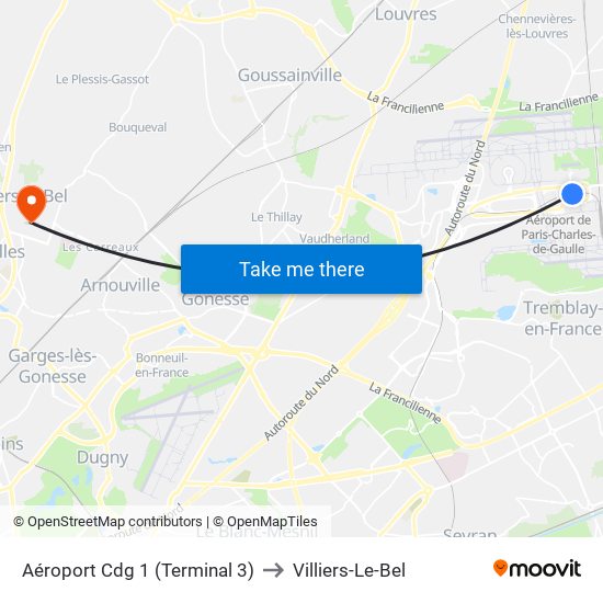 Aéroport Cdg 1 (Terminal 3) to Villiers-Le-Bel map