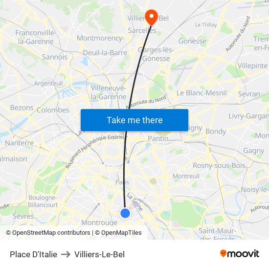 Place D'Italie to Villiers-Le-Bel map