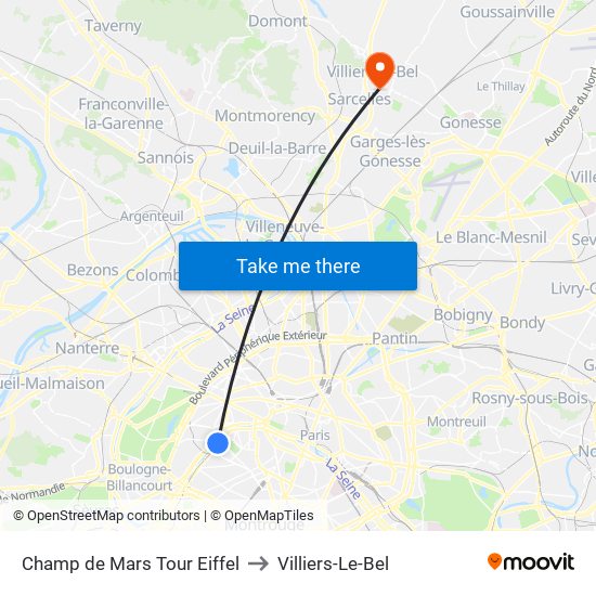 Champ de Mars Tour Eiffel to Villiers-Le-Bel map