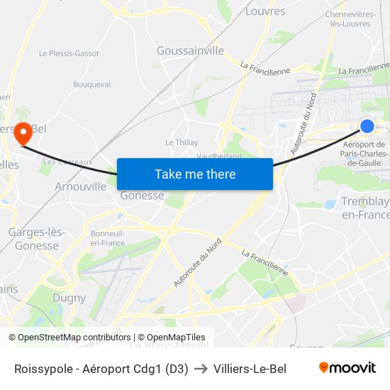 Roissypole - Aéroport Cdg1 (D3) to Villiers-Le-Bel map