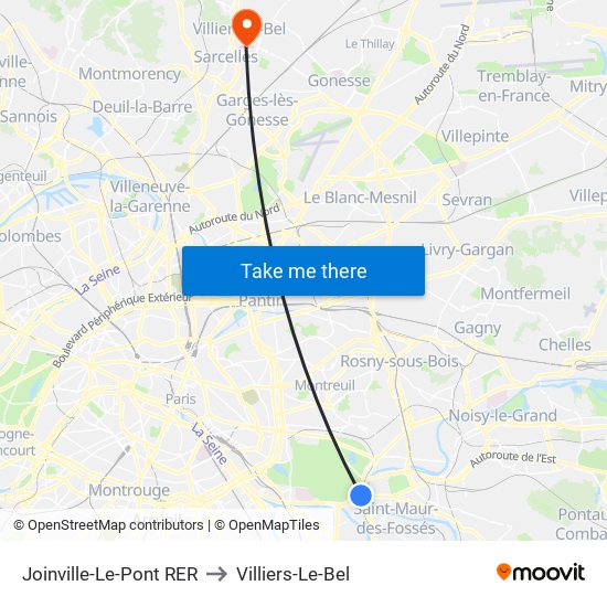 Joinville-Le-Pont RER to Villiers-Le-Bel map