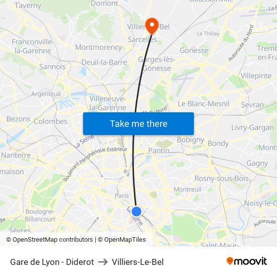 Gare de Lyon - Diderot to Villiers-Le-Bel map