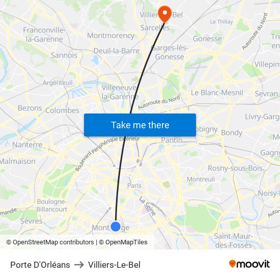 Porte D'Orléans to Villiers-Le-Bel map