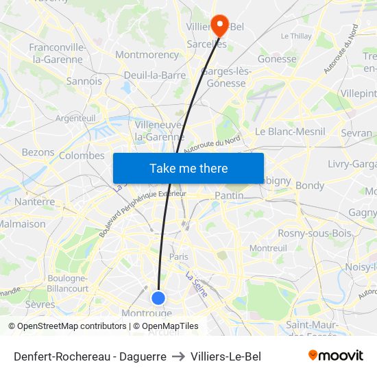 Denfert-Rochereau - Daguerre to Villiers-Le-Bel map