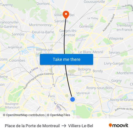 Place de la Porte de Montreuil to Villiers-Le-Bel map
