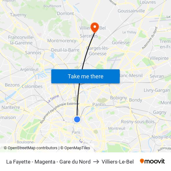 La Fayette - Magenta - Gare du Nord to Villiers-Le-Bel map