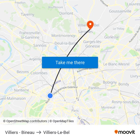 Villiers - Bineau to Villiers-Le-Bel map