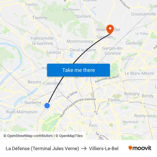 La Défense (Terminal Jules Verne) to Villiers-Le-Bel map