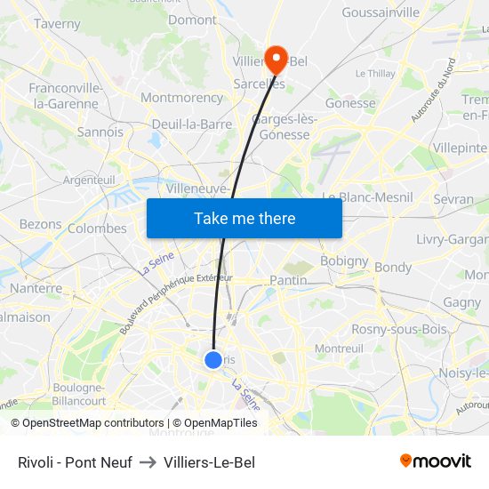 Rivoli - Pont Neuf to Villiers-Le-Bel map