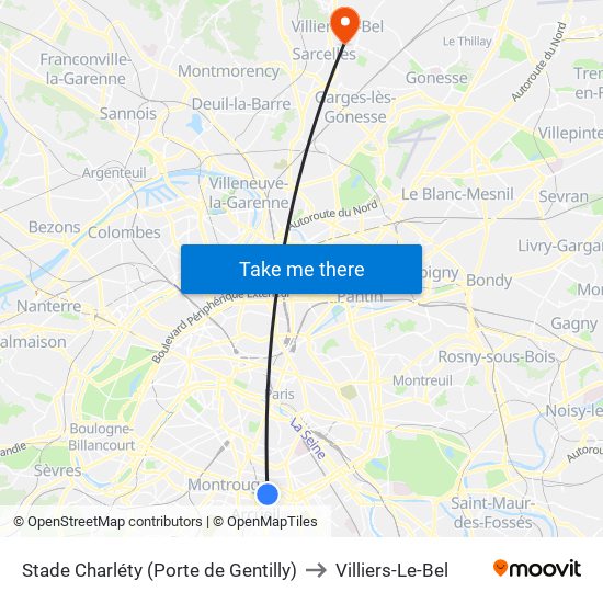 Stade Charléty (Porte de Gentilly) to Villiers-Le-Bel map