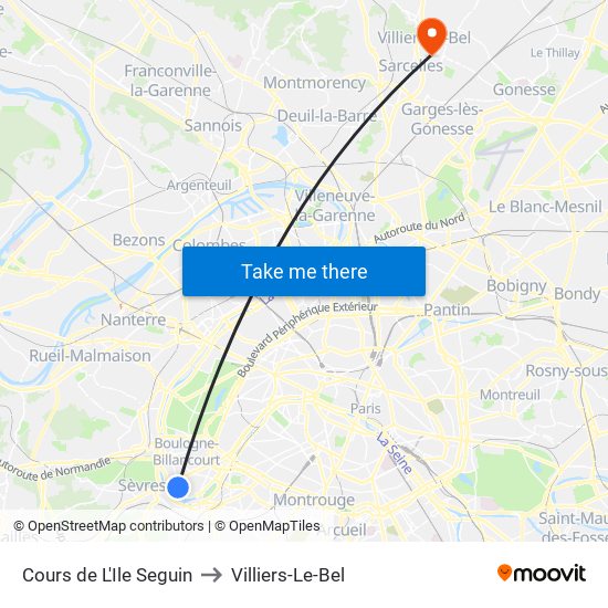 Cours de L'Ile Seguin to Villiers-Le-Bel map