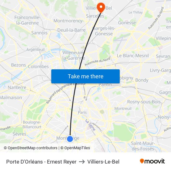 Porte D'Orléans - Ernest Reyer to Villiers-Le-Bel map
