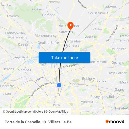 Porte de la Chapelle to Villiers-Le-Bel map
