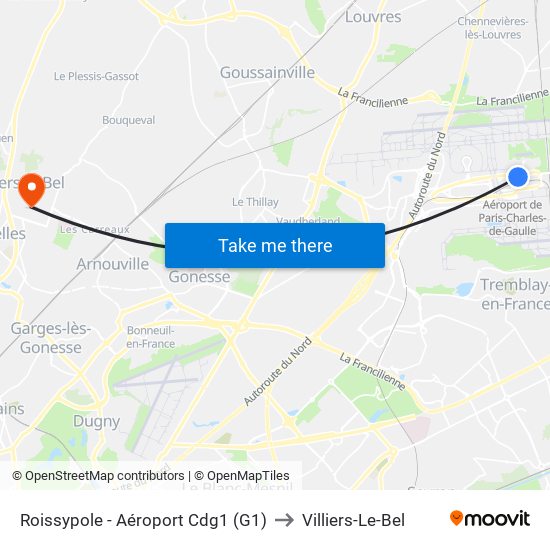 Roissypole - Aéroport Cdg1 (G1) to Villiers-Le-Bel map