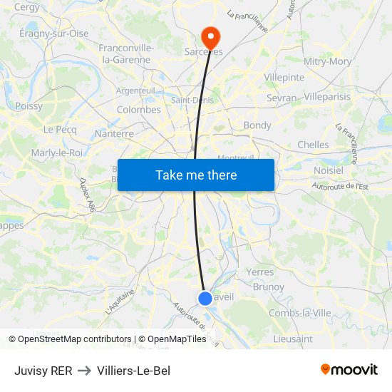 Juvisy RER to Villiers-Le-Bel map