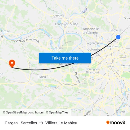 Garges - Sarcelles to Villiers-Le-Mahieu map