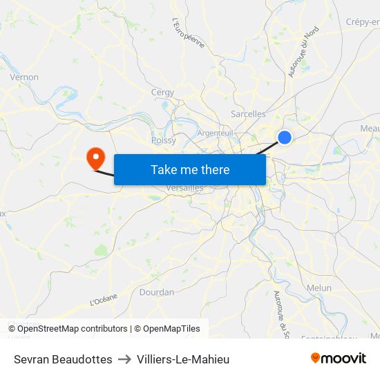 Sevran Beaudottes to Villiers-Le-Mahieu map
