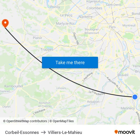 Corbeil-Essonnes to Villiers-Le-Mahieu map