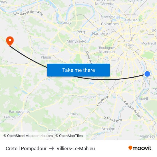 Créteil Pompadour to Villiers-Le-Mahieu map