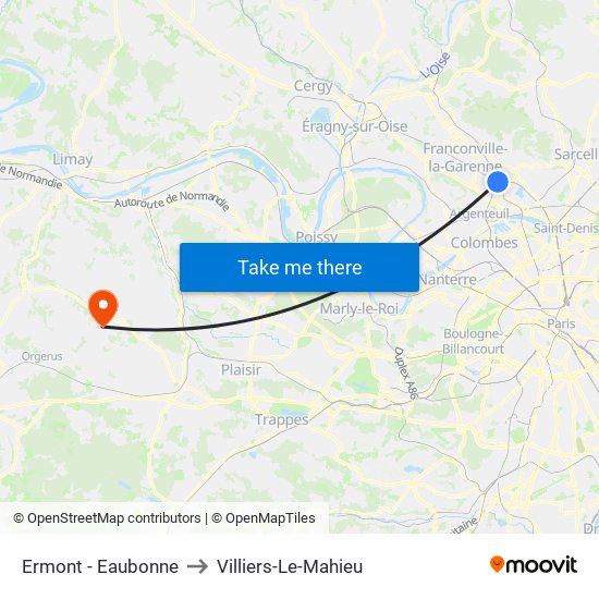 Ermont - Eaubonne to Villiers-Le-Mahieu map