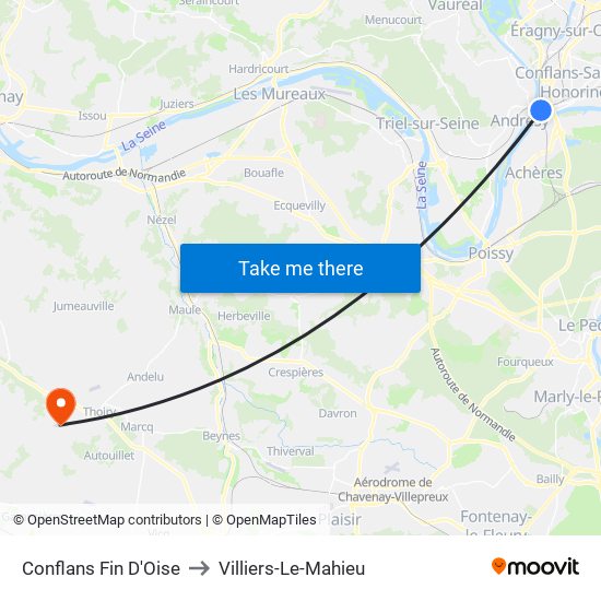 Conflans Fin D'Oise to Villiers-Le-Mahieu map