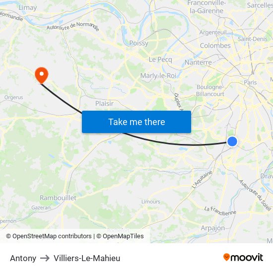 Antony to Villiers-Le-Mahieu map