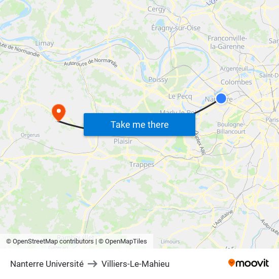 Nanterre Université to Villiers-Le-Mahieu map