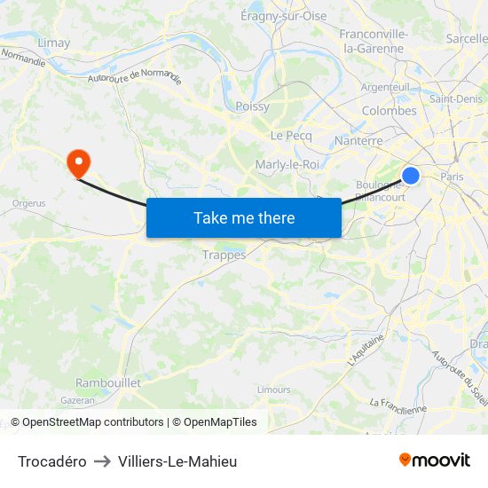 Trocadéro to Villiers-Le-Mahieu map