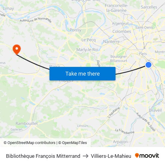 Bibliothèque François Mitterrand to Villiers-Le-Mahieu map