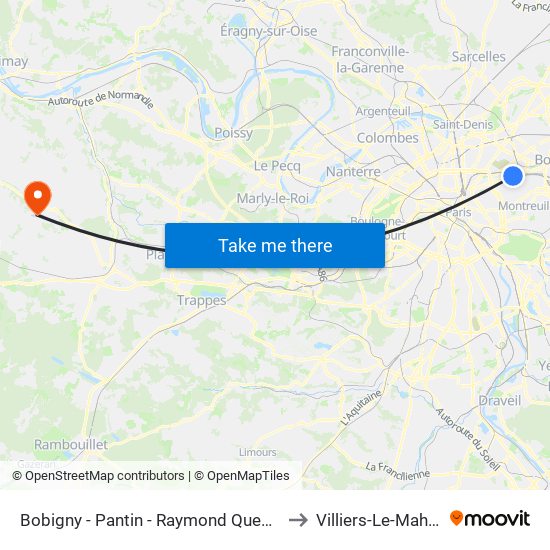 Bobigny - Pantin - Raymond Queneau to Villiers-Le-Mahieu map