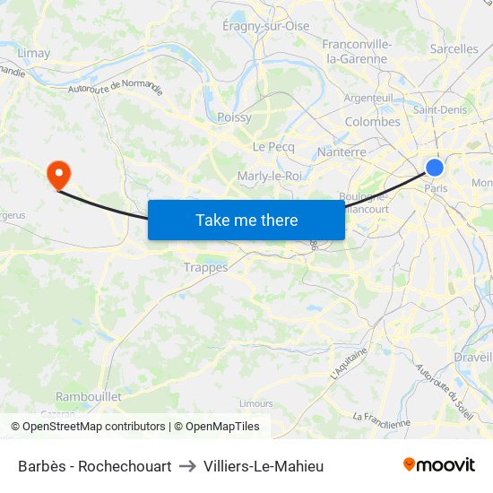Barbès - Rochechouart to Villiers-Le-Mahieu map