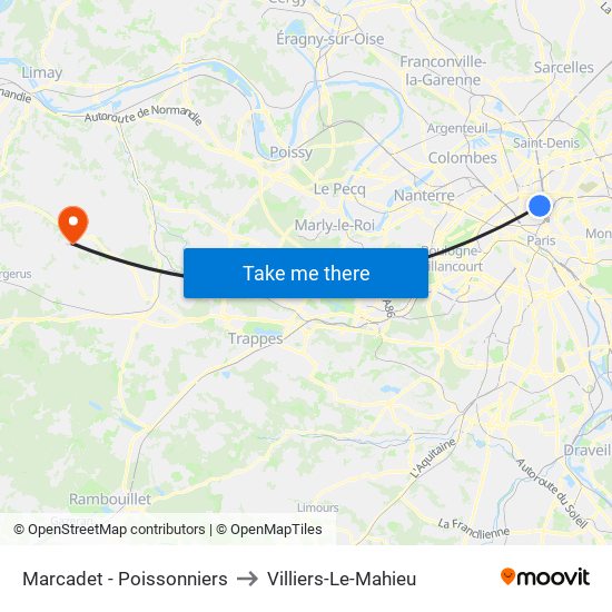 Marcadet - Poissonniers to Villiers-Le-Mahieu map