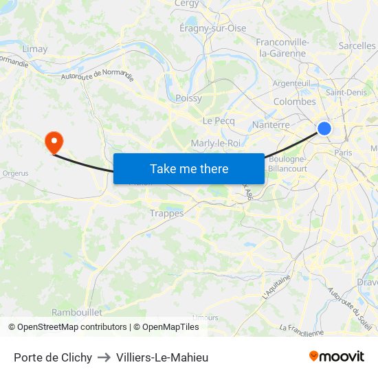 Porte de Clichy to Villiers-Le-Mahieu map