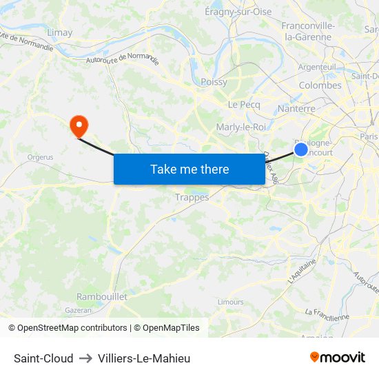 Saint-Cloud to Villiers-Le-Mahieu map