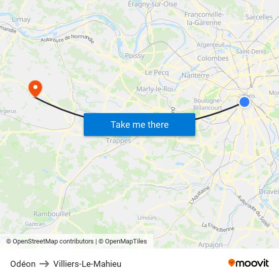 Odéon to Villiers-Le-Mahieu map