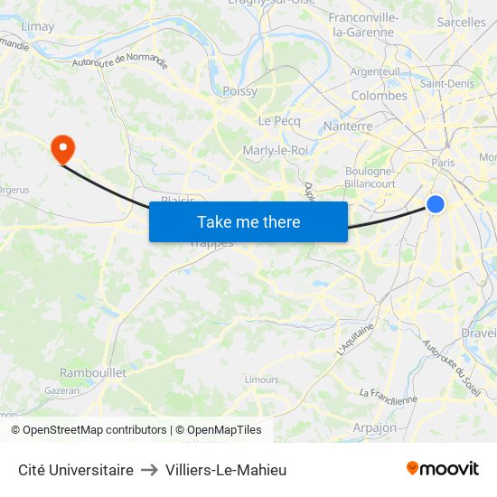Cité Universitaire to Villiers-Le-Mahieu map