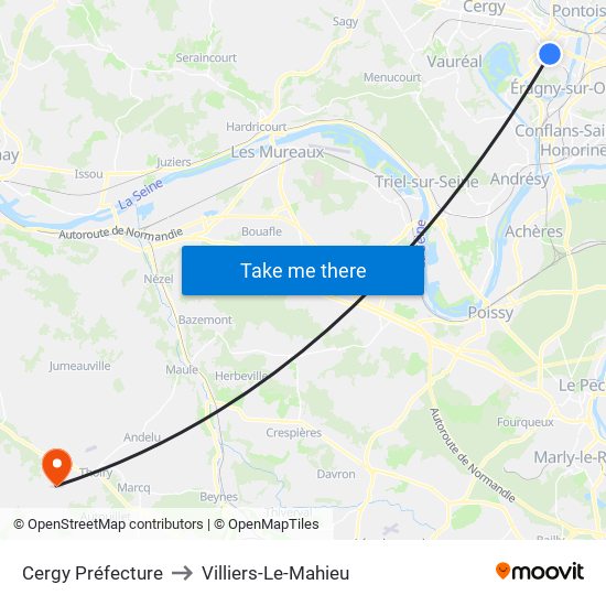 Cergy Préfecture to Villiers-Le-Mahieu map