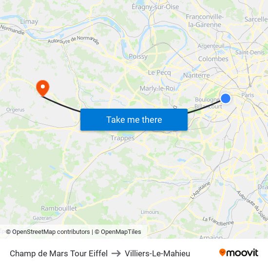 Champ de Mars Tour Eiffel to Villiers-Le-Mahieu map