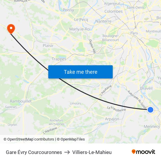 Gare Évry Courcouronnes to Villiers-Le-Mahieu map