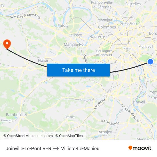 Joinville-Le-Pont RER to Villiers-Le-Mahieu map
