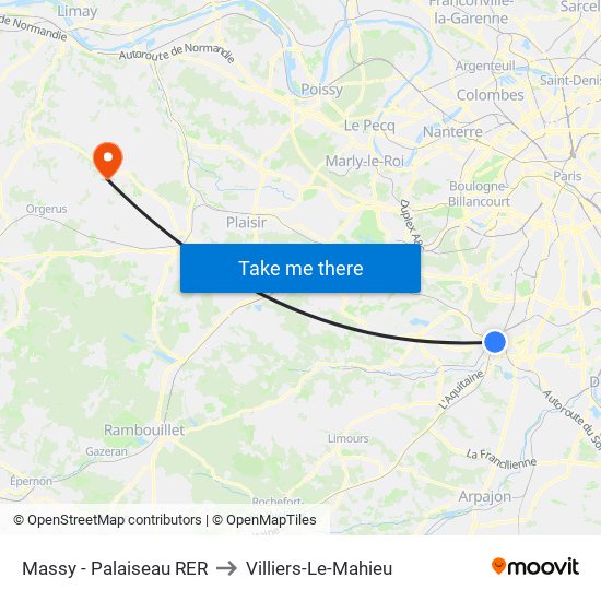 Massy - Palaiseau RER to Villiers-Le-Mahieu map