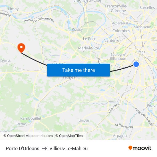 Porte D'Orléans to Villiers-Le-Mahieu map